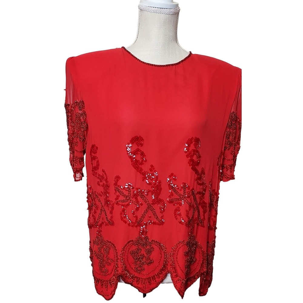 Oleg Cassini Beaded Silk Blouse Womens Medium‎ Red Sequin Scalloped Hem Vintage